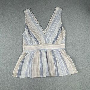 Splendid Collection Striped Peplum Tank Top V-Neck Blue Tan Linen‎ Blend Small